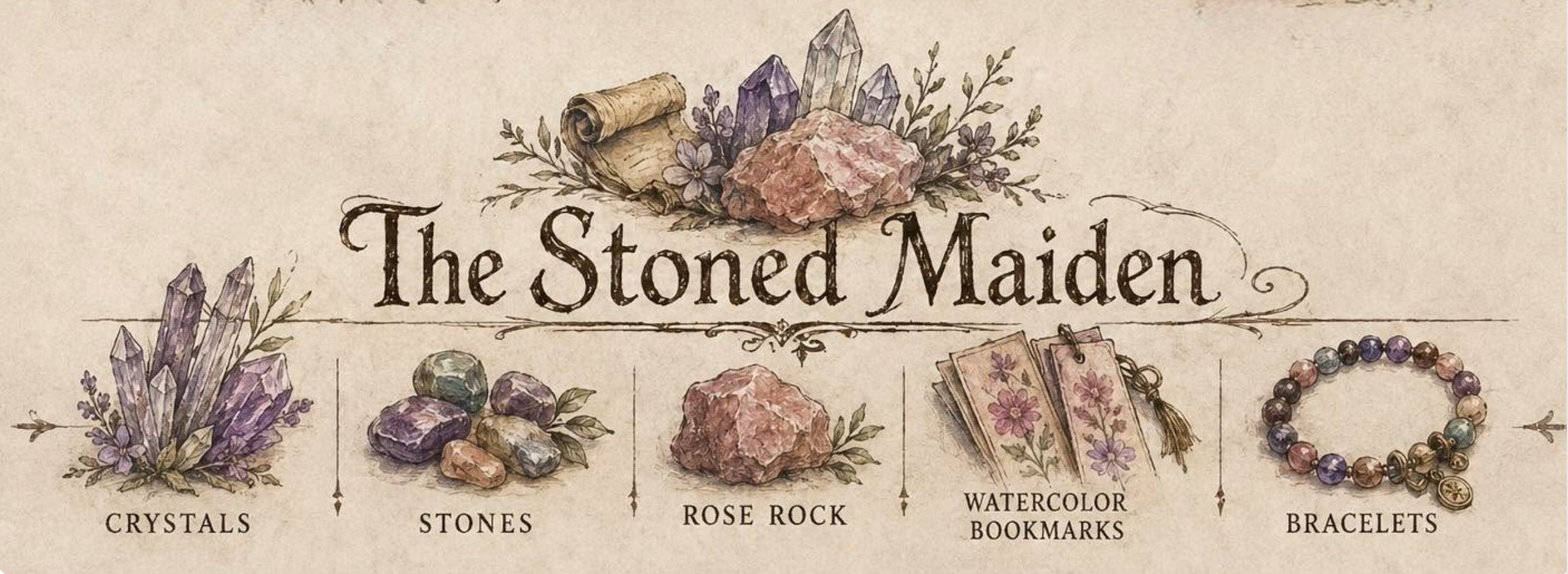 Illustrated banner for The Stoned Maiden showing crystals, tumbled stones, a rose rock, watercolor bookmarks, and a beaded bracelet framed by lavender and leaves